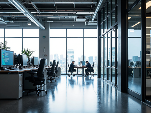 Modern office environment with diverse team members working on computers, bright natural lighting, collaborative workspace atmosphere